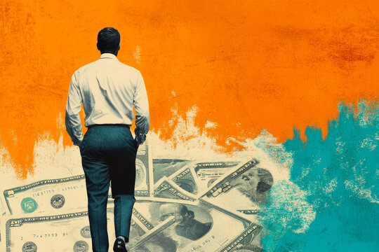 A man in business attire walks toward a background of dollar bills, symbolizing ambition and the pursuit of financial success.