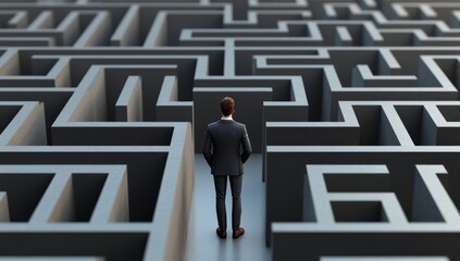 Businessman Standing in the Center of a Maze: A Concept for Navigating Complex Business Challenges