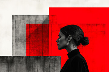 A woman gazes at red geometric shapes, blending emotion and modern architecture through a striking use of abstract design styles.