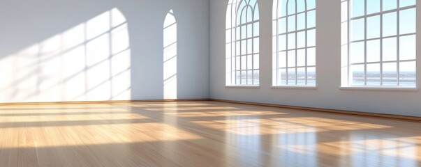 Empty Room with a Light Wooden Floor and Large Windows Overlooking the Sea, White Walls