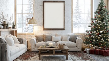 Obraz premium mock up country farmhouse living room, large vertical picture frame on the wall ar 2:1, winter, christmas decorations, ultra-realistic, Photography, Megapixel