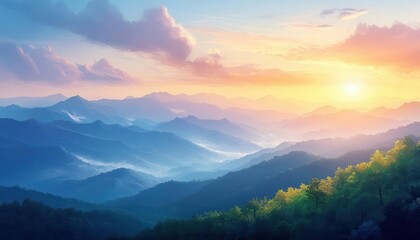 Fototapeta premium Scenic nature view from a mountain top, vibrant sky, soft natural lighting, serene atmosphere, high detail, realism