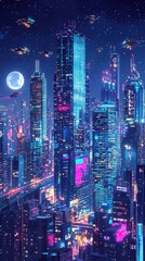 An isometric illustration of a sprawling futuristic city skyline at night.