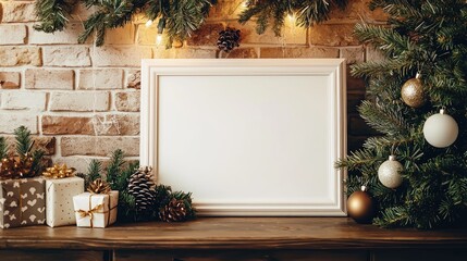 mockup of an empty wide white picture frame sitting on a rustic brick house wall, Christmas theme