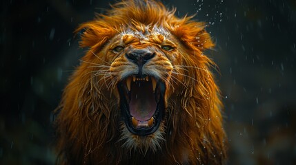 Fototapeta premium Roaring male lion. An angry lion with an open mouth. expression of anger. Portrait of a big male lion with open mouth on a dark background. 