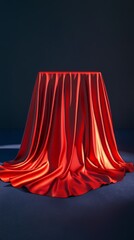 Red velvet draped over round table in dim lighting, dramatic presentation concept