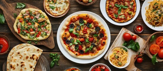 Italian Food Feast on Rustic Wooden Table