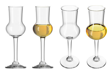 Glass of grappa on the isolated transparent background. Set of empty glasses and with drink in different angles. Bar theme. 3d rendering.