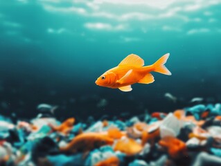 Naklejka premium Colorful Fish Swimming Through Plastic Waste in the Sea