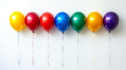 Row of colorful balloons hanging on a white wall