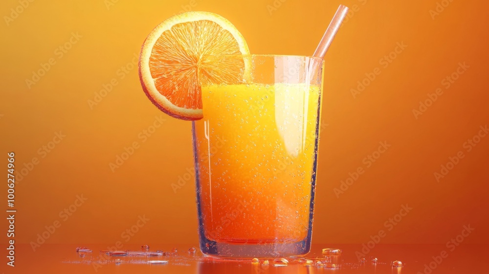 Poster A refreshing glass of freshly squeezed orange juice, glistening with condensation, served with a slice of orange on the rim and a straw, capturing the essence of summer.