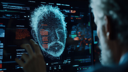 Digital hologram of human face displayed on screen, showcasing technology