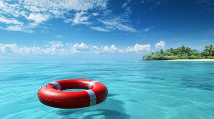 Fototapeta premium Red lifebuoy floating on a tropical sea near a desert island