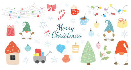 Merry Christmas holiday objects set, vector illustration in flat style