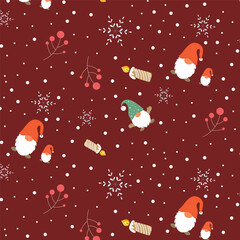 Cute Christmas cozy seamless pattern on red background, vector illustration
