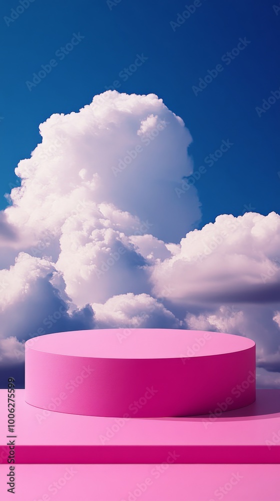 Sticker Pink round podium displaying product with cloudy sky background