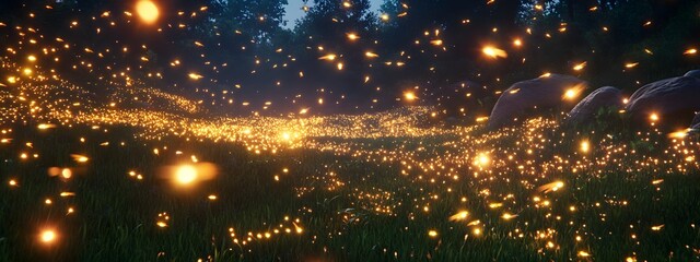 Obraz premium Close-up of fireflies flying in the air, grassy field at night