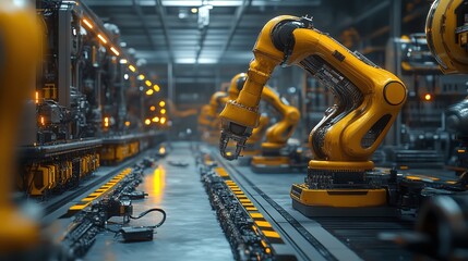 Fototapeta premium industry 4.0 smart factory interior emphasizing advanced robotics, automation, and machinery in a futuristic industrial environment, illustrating innovation, engineering, and production efficiency