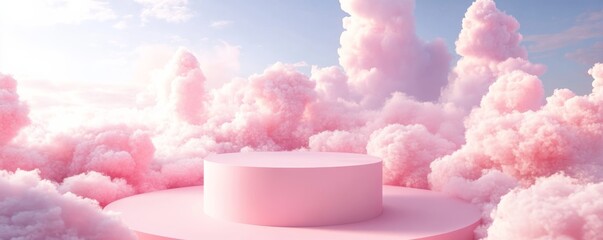 Pink podium displaying product over dreamy clouds background