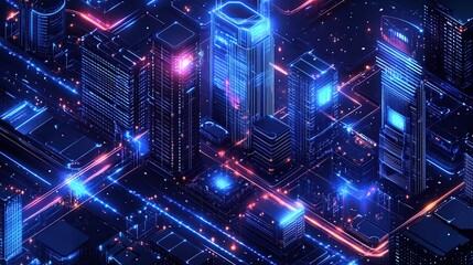 Fototapeta premium An isometric illustration of a sprawling futuristic city skyline at night.