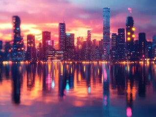 Fototapeta premium Urban skyline view at dusk, vibrant city lights, soft glow, futuristic atmosphere, sleek architecture, high contrast