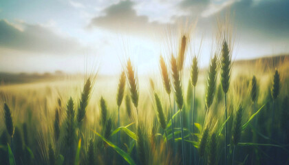Naklejka premium fresh Green ears of wheat in beautiful green wheat field in spring summer, for agriculture, farming, food, nature related concept background