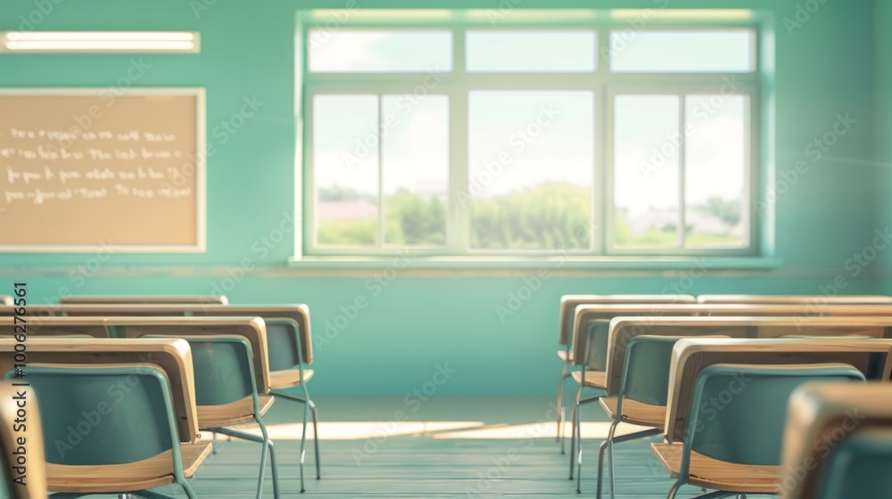 Poster A classroom with a chalkboard and a window