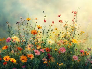 Obraz premium Wildflower meadow with vibrant colors, soft natural lighting, warm tones, calm atmosphere, photo-realism