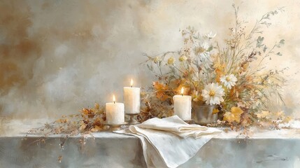Serene Autumn Still Life with Candles and Flowers on Linen Cloth