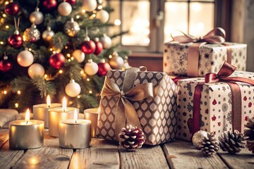 Gift boxes and a fir tree on the table in the home interior of the living room. A cozy concept for Christmas and winter holidays in 2025. Preparing gifts for loved ones.