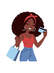 Happy, beautiful woman holding credit card and shopping bag. Smiling girl happy with shopping isolated on white background. Shopping, promotion, discounts, sale concept