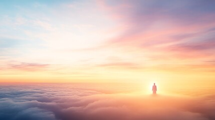 A glowing figure dressed in flowing white robes stands peacefully atop a soft cloud bank, illuminated by the warm light of an ethereal sunset, creating a tranquil spiritual atmosphere