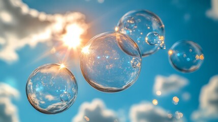 Soap bubbles floating in a blue sky with the sun shining through them