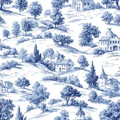 Naklejka premium Elegant Blue and White Toile Pattern Design