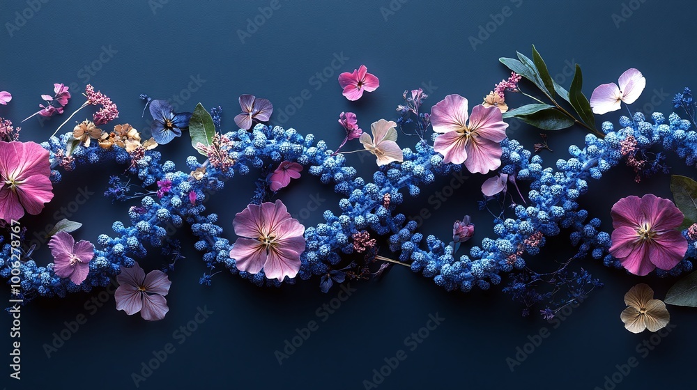 Wall mural dna sequence with floral details, symbolizing genetic engineering and bioengineering advancements, exploring the relationship between biotechnology and genetic modification techniques