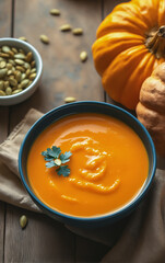 Bowl of pumpkin cream soup. Delicious home cooking. Autumn mood. Recipes for home cooking.