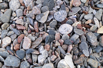 Scattering of stones on the beach close-up. Gray small stones. Texture