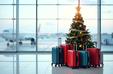 A Christmas tree made of colorful suitcases in a light airport interior. Preparing for the New Year. Decorating for the New Year. Traveling in the New Year. High quality photo