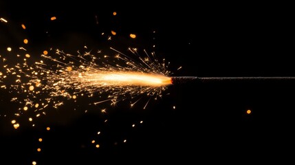 Burning fuse is creating a fountain of sparks on black background