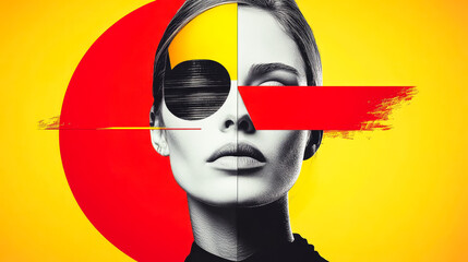 A surreal face split by vivid red and yellow colors, symbolizing a blend of contrast and harmony in a striking visual presentation.