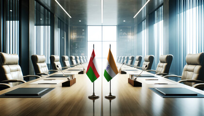 A modern conference room with Oman and India flags on a long table, symbolizing a bilateral meeting or diplomatic discussions between the two nations.