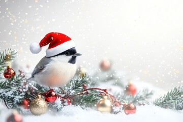 Obraz premium Bird wearing a Santa Claus hat perched on the branch of a Christmas tree