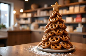 Fototapeta premium Christmas tree made from pretzels in a store on the counter, sweet tree