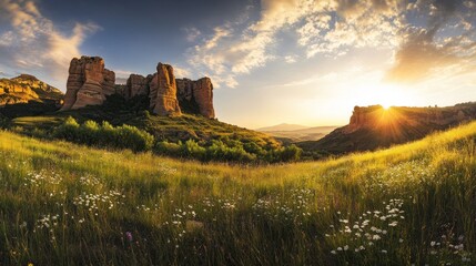 Fototapeta premium Golden Sunset Over Mountainous Landscape