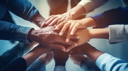 A diverse group of employees in a startup company stack their hands together, symbolizing unity and teamwork under soft, ambient lighting.