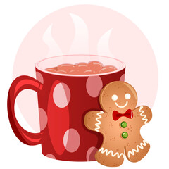 Hot Cocoa in a Red Mug with Gingerbread Man - Cute Festive Illustration 