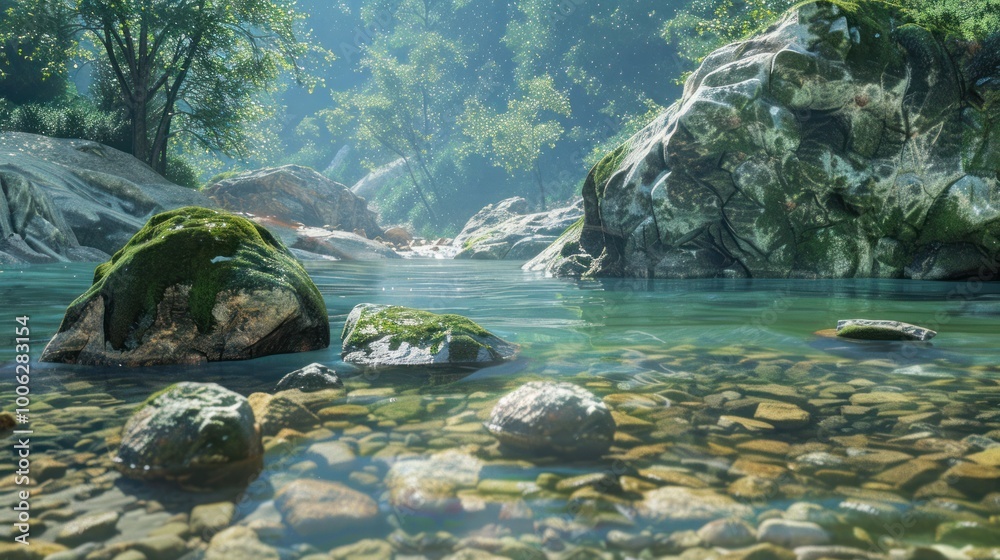 Poster Serene River Scene in a Lush Forest