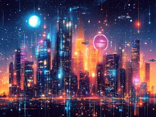 Fototapeta premium An isometric illustration of a sprawling futuristic city skyline at night.