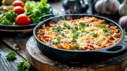 A rustic wooden table set for a meal with a steaming hot pan of lasagna, fresh herbs scattered around, and a side of crisp salad, evoking a warm and inviting dining experience.