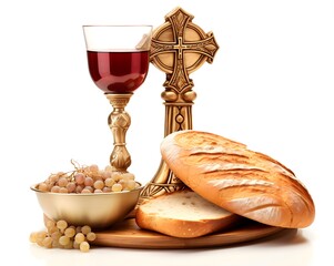 Chalice of wine with bread and cross, Communion Chalice with Bread and Cross  Christian Symbols for Eucharist, Religious Ceremony on Transparent Background
